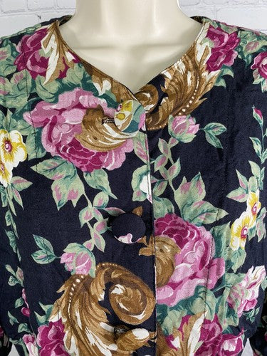 VTG Marnie West Colorful Floral Long Sleeve Button Up Cropped Blouse Womens L