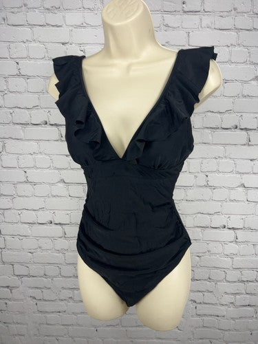 Cupshe Black Ruffle Plunge V Neck Lace Up Back One Piece Swimsuit S
