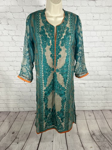 Sana Safinaz Brown Orange Blue Semi Sheer Long Sleeve Women’s Kurti Size XS