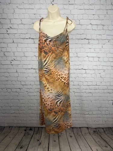 NWT White Fox Safari Chaos Animal Print Tie Straps Side Slit Midi Dress M