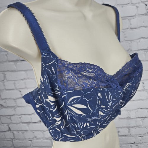 Sculptress Blue Floral Print Semi Sheer Lace Unlined Underwire Bra 40FF