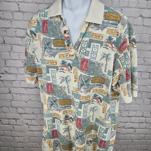 VTG Island Fever Cream Tropical Bahama Print Cotton Short Sleeve Polo Shirt L