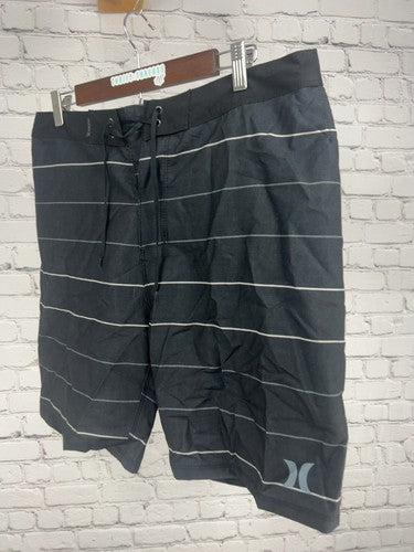Hurley Black Gray Striped Drawstring Board Shorts Swim Trunks 33 (34X8.5)