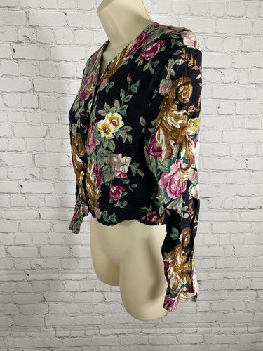 VTG Marnie West Colorful Floral Long Sleeve Button Up Cropped Blouse Womens L