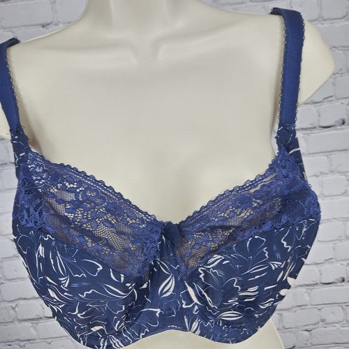 Sculptress Blue Floral Print Semi Sheer Lace Unlined Underwire Bra 40FF