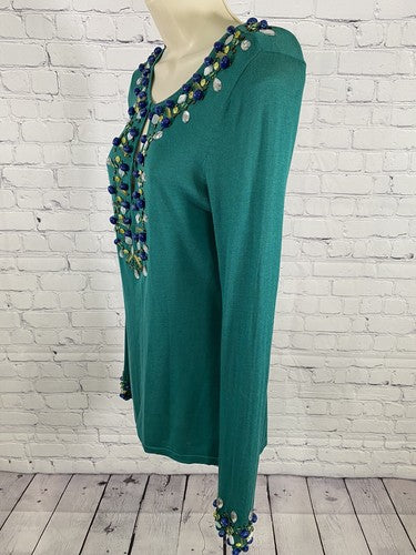 Harold’s Teal Beaded Silk Blend Knit Sweater Long Sleeve Front Closure V Neck S