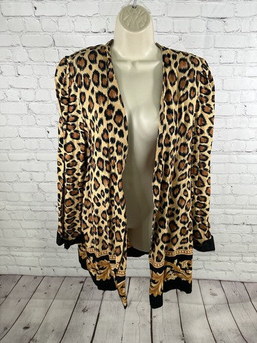 VTG Periwinkle Cheetah Print Shoulder Pad Open Front Long Sleeve Cardigan USA 18