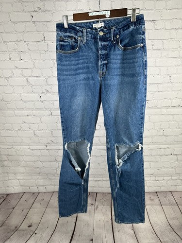 Good American Medium Wash Distressed Straight Leg Denim Blue Jeans 8/29 (29x31)