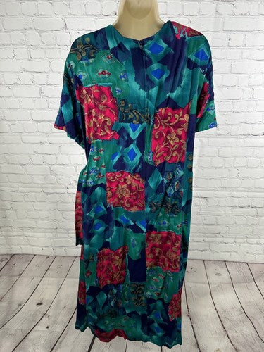 VTG Jessica Howard Colorful Shoulder Pad Front Wrap Back Zip Long Dress 22
