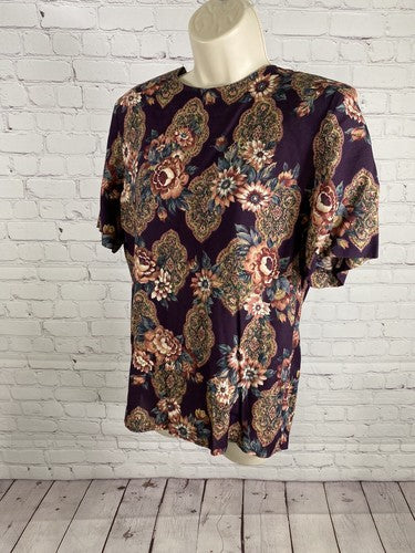 VTG Norton McNaughton Purple Floral Shoulder Pad Short Sleeve Blouse Women’s 8