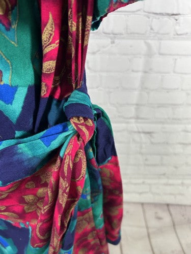 VTG Jessica Howard Colorful Shoulder Pad Front Wrap Back Zip Long Dress 22