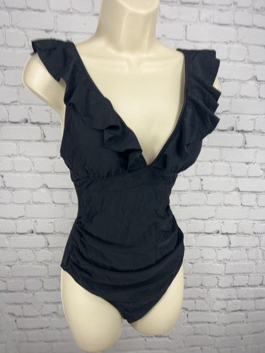 Cupshe Black Ruffle Plunge V Neck Lace Up Back One Piece Swimsuit S