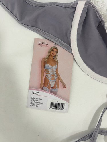 NWT Roma Confidential Silver White Lace Satin Bustier Garter Thong Set M