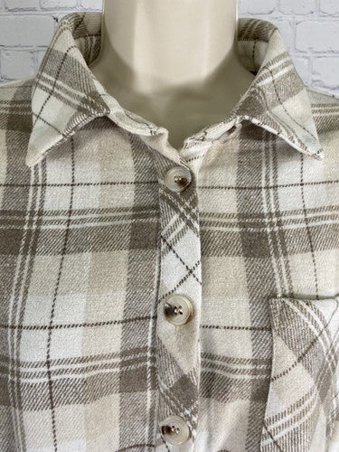 NWT THATSSOFETCH Beige Brown Plaid Denver Flannel Button Up Long Sleeve Shirt 6