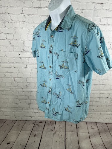 Ditch Plains Ricky Singh Blue Beach Themed Button Down Short Sleeve Shirt L