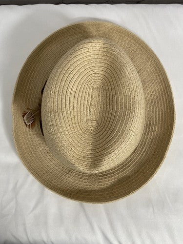 The Original Stacy Adams Beige Brown Band Feather Accent Woven Fedora One Size