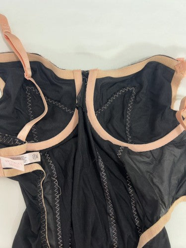 VTG Victoria's Secret Black Pink Satin Mesh Garter Babydoll Chemise Slip 36C