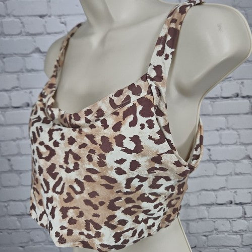 Aerie Cream Brown Leopard Print Scoop Neck Lined Bikini Swim Top Size L