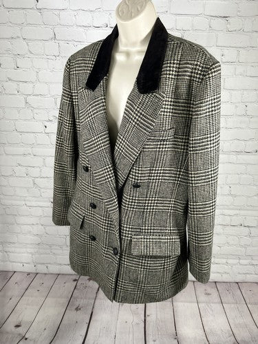 VTG Charles Klein Black Brown Plaid Double Breasted Peak Lapel Women’s Blazer L