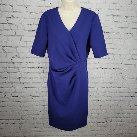 Tahari Blue Short Sleeve Pleated Gathered Waist Stretch Sheath Dress Size 6