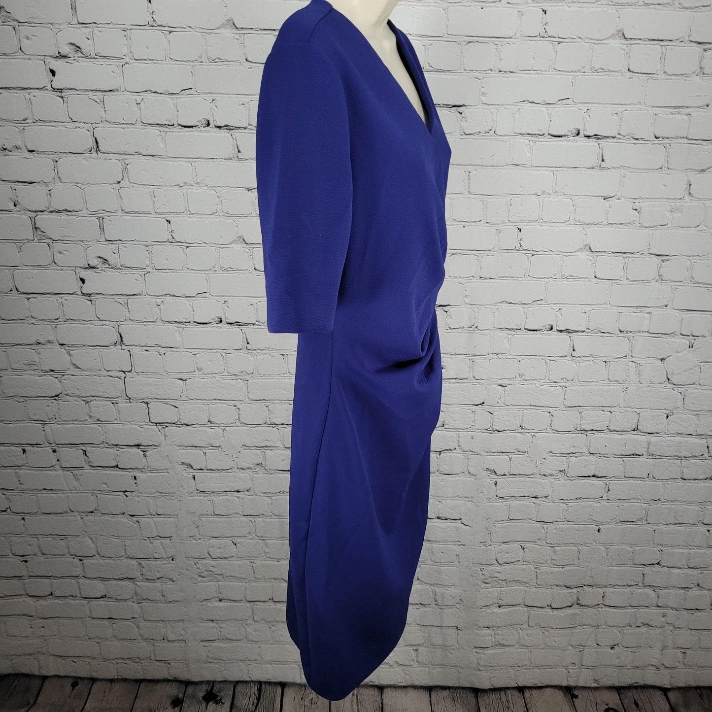 Tahari Blue Short Sleeve Pleated Gathered Waist Stretch Sheath Dress Size 6