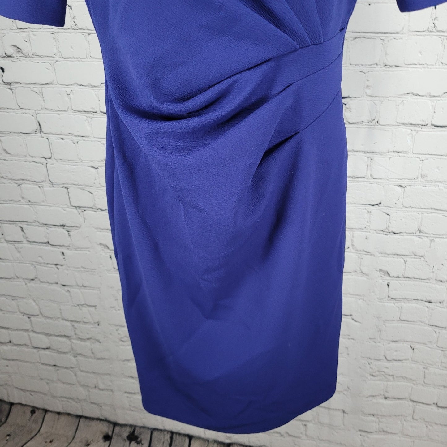 Tahari Blue Short Sleeve Pleated Gathered Waist Stretch Sheath Dress Size 6