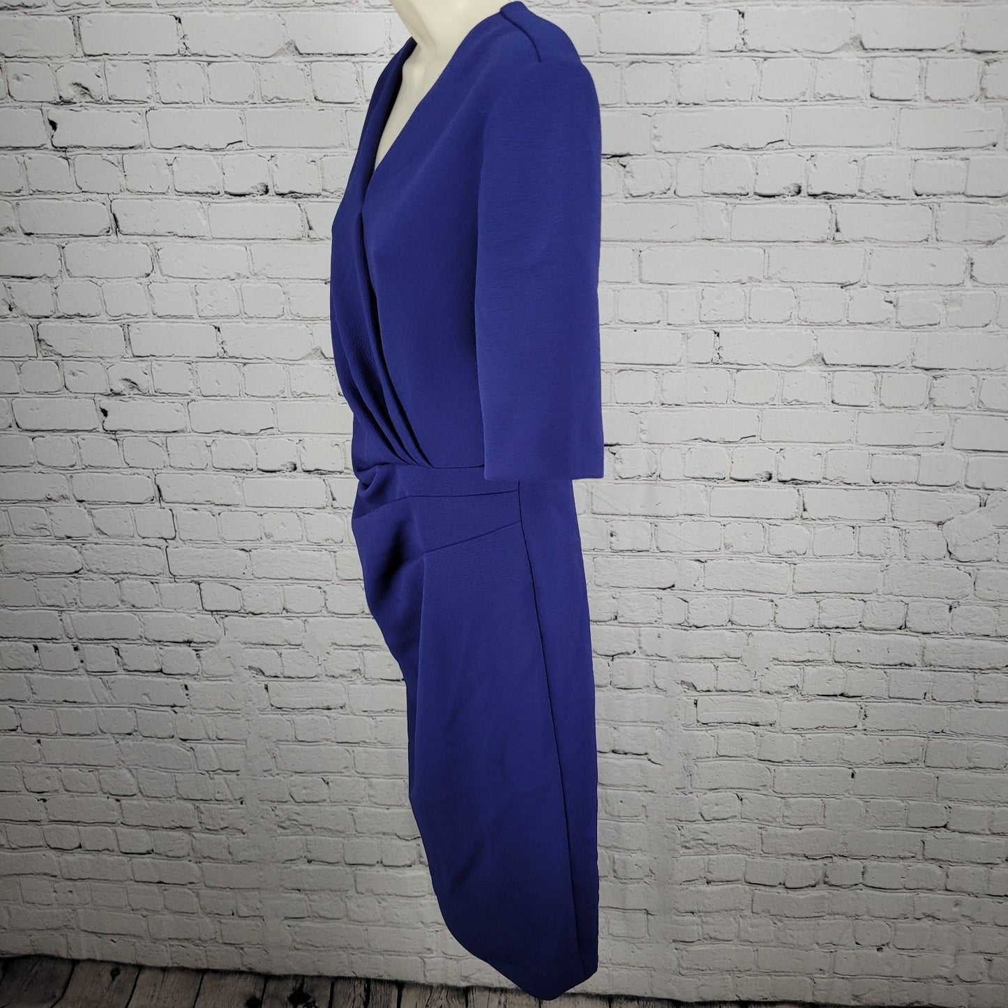 Tahari Blue Short Sleeve Pleated Gathered Waist Stretch Sheath Dress Size 6