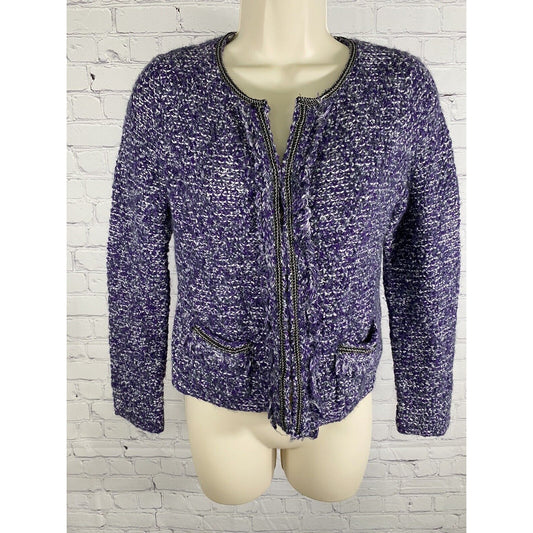 Chicos Purple White Gray Wool Blend Knit Sweater Jacket Hook Eye Closure XS