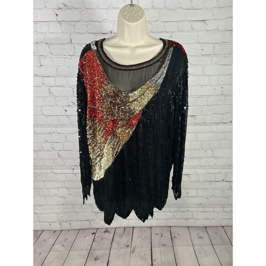 VTG 80’s Sho Max Multicolored Silk Sequin Bead Bling  3/4 Sleeve Blouse Women 2X