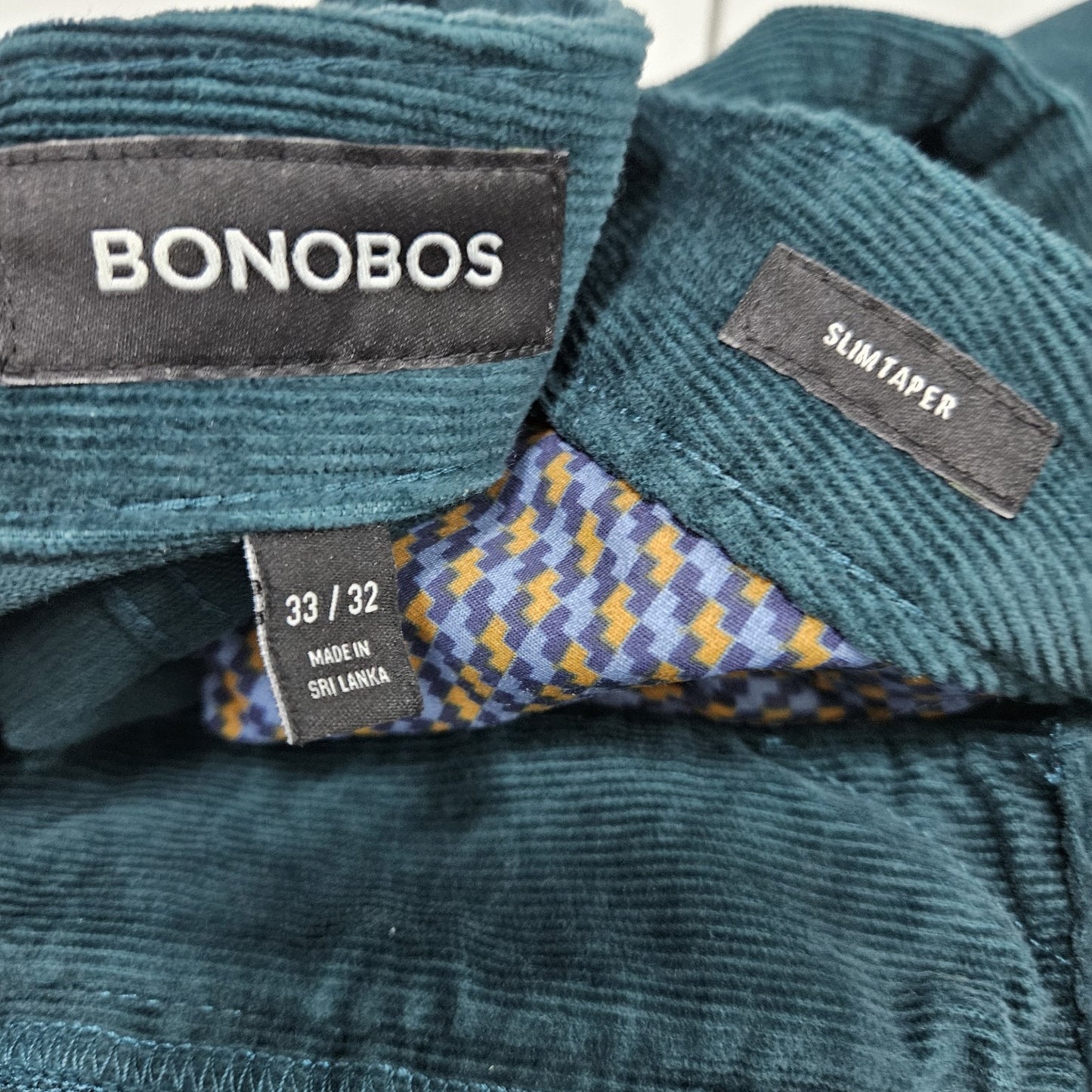 Bonobos Green Corduroy Slim Taper Cotton Stretch Mid Rise Pants Jeans 33x32