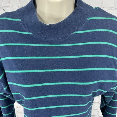 VTG Paris Sport Club Blue Green Striped Retro Long Sleeve Stretch Dress Size XS