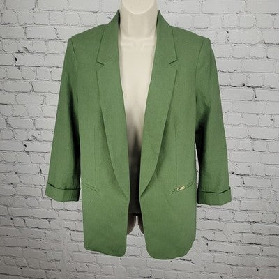 Jones New York Signature Green Linen Blend Open 3/4 Sleeve Blazer Jacket Small S
