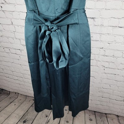 VTG Talbots Green Satin Sleeveless Pleated Tie Back Lined A Line Midi Dress 6