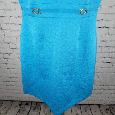 Tahari Blue Cap Short Sleeve Gold Accents Lined Back Slit Sheath Dress Size 14