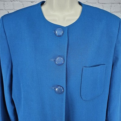VTG Jones New York Suit Blue 100% Pure Wool 3 Button Collarless Jacket USA 12