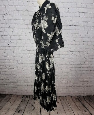 Mila Mae Black Cream Floral Puff Sleeve Collared Pleated Buttoned Midi Dress XS