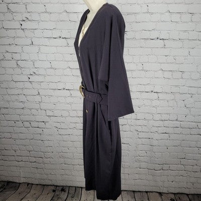 VTG Positive Influence Black Wool Blend Gold Buttoned Belted Midi Dress USA 16W