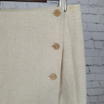 Susan Gail Collection Beige Linen Blend Red Print Buttoned Wrap Unlined Skirt 12