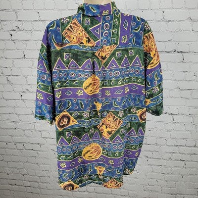 VTG Royal Wear Multicolor 100% Silk Button Up Short Sleeve Shirt Top Size XL
