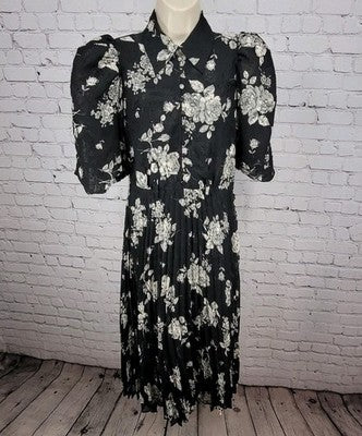Mila Mae Black Cream Floral Puff Sleeve Collared Pleated Buttoned Midi Dress XS