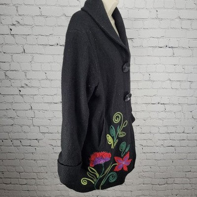 Carson Black 100% Wool Floral Applique Snap Closure Pockets Lined Coat Large L