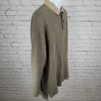 Sun River Green & Tan Houndstooth Cotton Long Sleeve Polo Shirt Size Large L