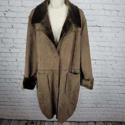 Blanc Noir Brown Suede Like Faux Fur Buttoned Collared Cuffed Long Coat Size XL