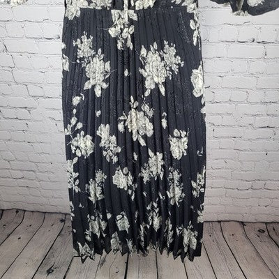 Mila Mae Black Cream Floral Puff Sleeve Collared Pleated Buttoned Midi Dress XS