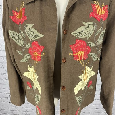 Hearts Of Palm Brown Floral Embroidered Buttoned Lightweight Jacket Size 8