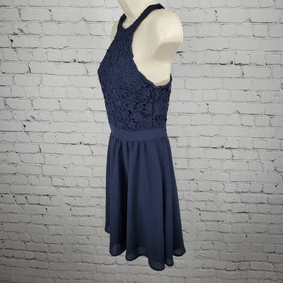 Lulus Navy Navy Blue Floral Crochet Lace Halter Lined A-Line Short Dress XS