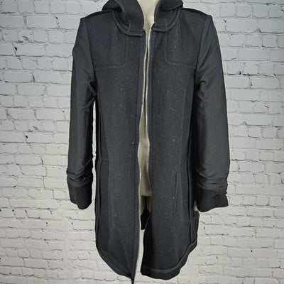 Ann Taylor Black Wool Blend Hooded Full Zip Cargo Pockets Utility Coat 4