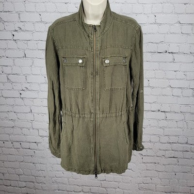 Treasure & Bond Green Linen Blend Unlined Drawstring Waist Military Jacket Small