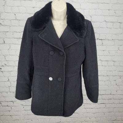 Larry Levine Black Wool & Cashmere Rex Rabbit Fur Collar Pea Coat Size Small S