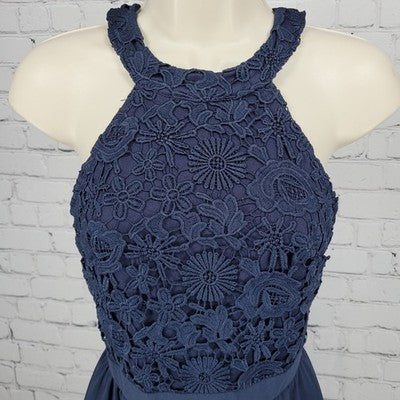 Lulus Navy Navy Blue Floral Crochet Lace Halter Lined A-Line Short Dress XS